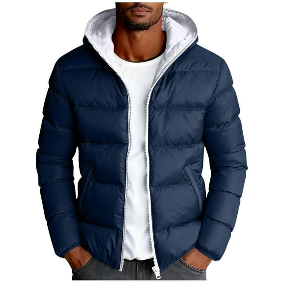 HomeDM Men's Long Sleeve Winter Jacket, Full Zip Up Hooded Warm Cotton Coats Water Resistant Windproof Outerwear, Dark Blue