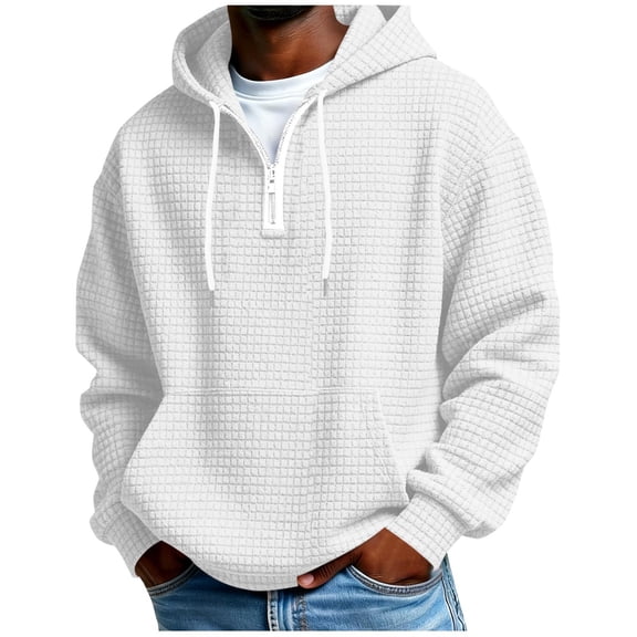 HomeDM Men's Quarter Zip Hooded Sweatshirts, Waffle Texture Long Sleeve Pullover Tops Solid Color, White