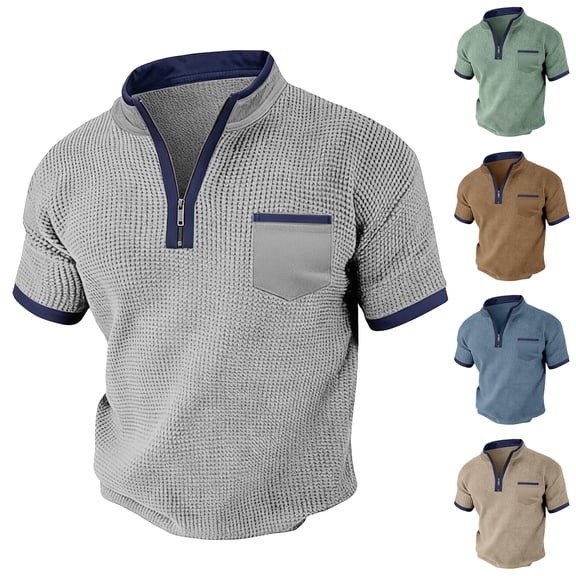 HomeDM Men's Quarter Zip Shirts, Short Sleeve Mock Neck Pullover Tops Solid Color Waffle Texture, Gray