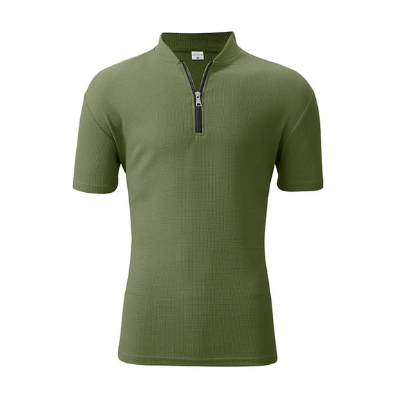 HomeDM Men's Quarter Zip Short Sleeve Athletic T-Shirts Mock Neck Solid Color Workout Pullover Tops, Army Green Size XL