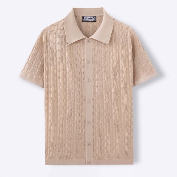 HomeDM Men's Short Sleeve Button Down Shirts Textured Cable Knit Casual Summer Collared Tops, Khaki, Size 3XL