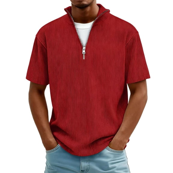 HomeDM Men's Short Sleeve Quarter Zip Shirts, Casual Solid Color Summer Basic Tee, Wine