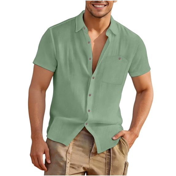 HomeDM Men's Short Sleeve Shirts Collared Button Down Summer Beach Vacation Tops with Pocket, Army Green, Size XL
