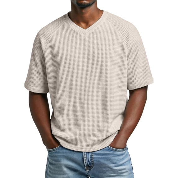 HomeDM Men's Short Sleeve T-Shirts V-Neck Waffle Textured Pullover Tops Summer Casual Solid Color Tees, Beige, Size M