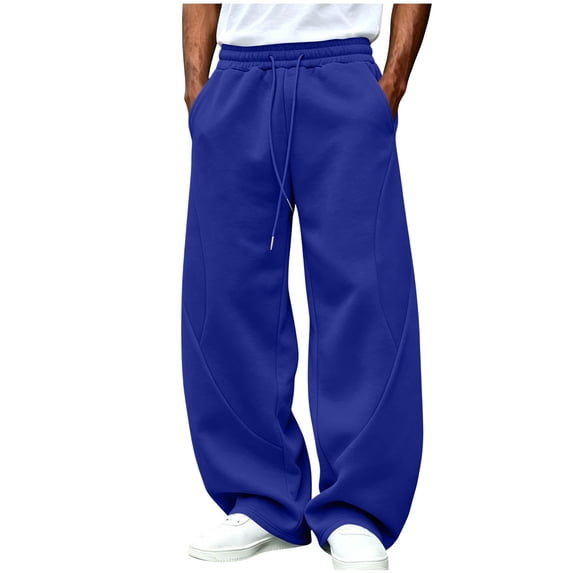 HomeDM Men's Sweatpants with Pocket Wide Leg Open Bottom Athletic Joggers Blue Drawstring Workout Gym Casual Pants Size M