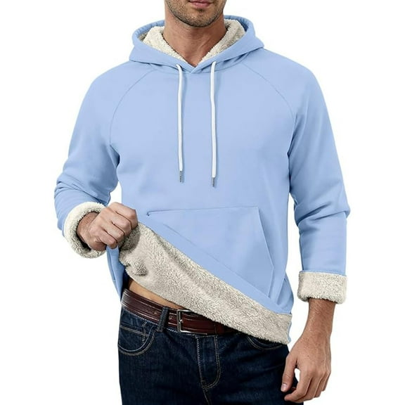 HomeDM Men's Sweatshirts, Long Sleeve Pullover Hoodie Sherpa Lined Winter Warm Tops with Pocket, Light Blue