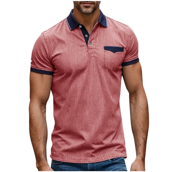 HomeDM Men's V Neck Golf T-Shirts Summer Short Sleeve Casual Button Collared Athletic Shirts, Red, Size M
