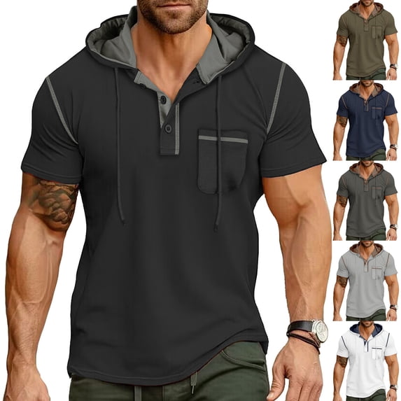 HomeDM Men's Workout Shirts Summer Short Sleeve Hooded Button Pullover Gym Athletic T-Shirts, Black, Size L