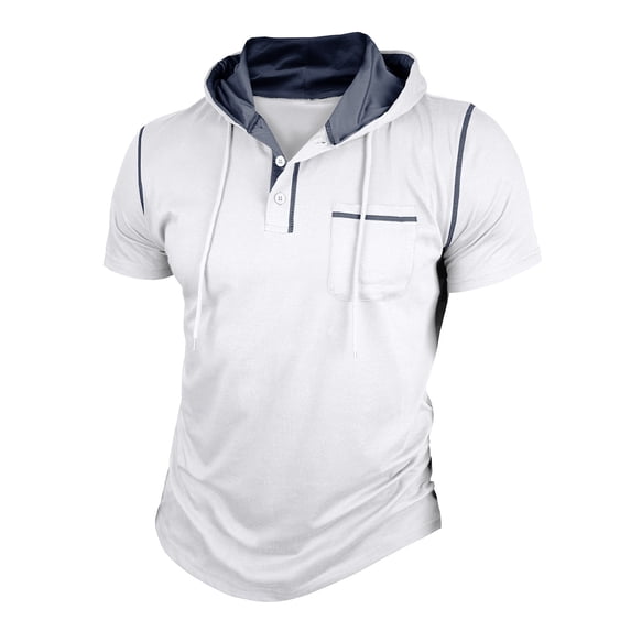 HomeDM Men's Workout Shirts Summer Short Sleeve Hooded Button Pullover Gym Athletic T-Shirts, White, Size L