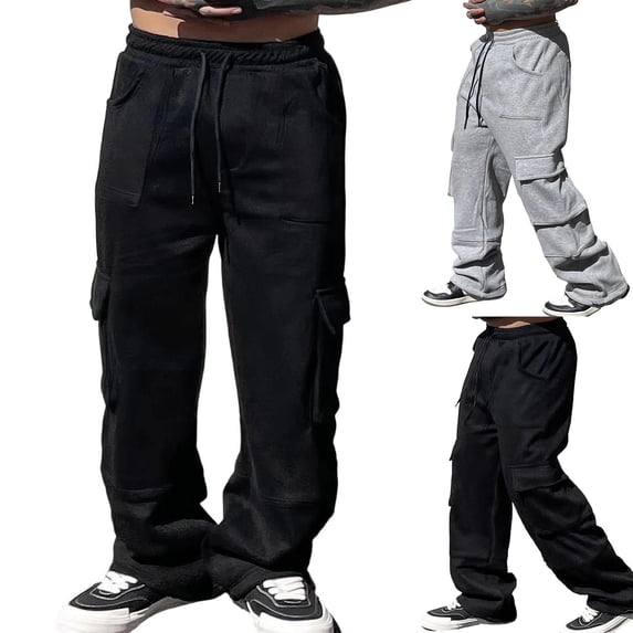 HomeDM Mens Athletic Sweatpants with Pockets Drawstring Workout Cargo Joggers Black Wide Leg Lounge Pants Size 6XL
