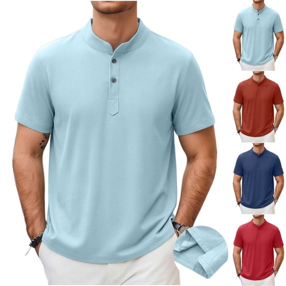 HomeDM Mens Button Crew Neck T-Shirts Short Sleeve Henley Pullover Shirts Casual Summer Basic Tee Shirt, Sky Blue, Size 4XL