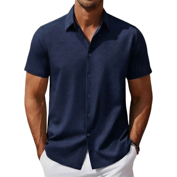 HomeDM Mens Button Down Shirts Short Sleeve Jacquard Regular Fit Summer Beach Collared Tops, Navy, Size 2XL