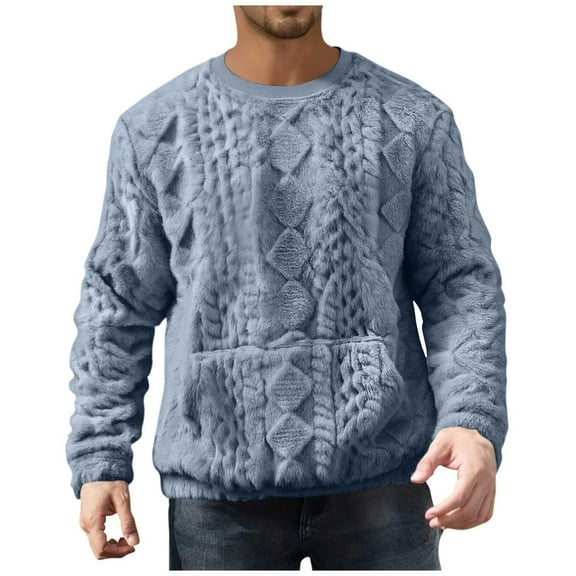 HomeDM Mens Crew Neck Sweatshirts, Long Sleeve Fuzzy Sherpa Fall Winter Pullover Tops, Blue