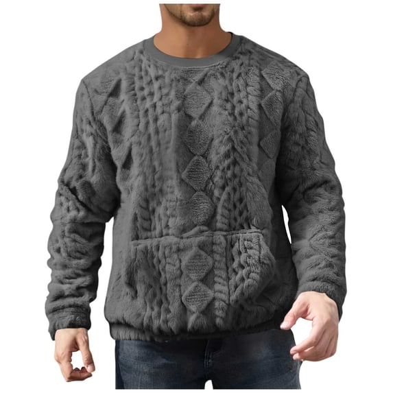 HomeDM Mens Crew Neck Sweatshirts, Long Sleeve Fuzzy Sherpa Fall Winter Pullover Tops, Gray