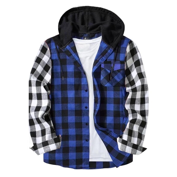HomeDM Mens Hooded Flannel Shirts, Long Sleeve Button Down Plaid Shirts Hoodie Jackets with Pocket, Blue