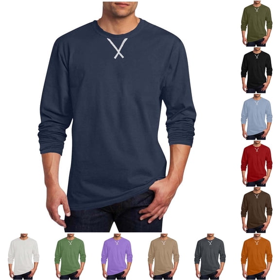 HomeDM Mens Long Sleeve Tee Shirts, Crewneck Solid Color Casual Fall Pullover Tops, Navy