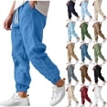 thumbnail image 1 of HomeDM Mens Pants with Pockets Drawstring Elastic Waist Cotton Linen Blue Workout Gym Tapered Joggers Size L, 1 of 9