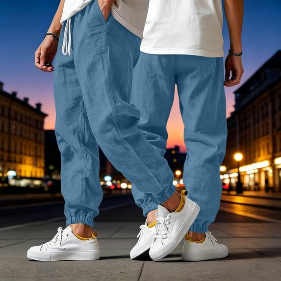 HomeDM Mens Pants with Pockets Drawstring Elastic Waist Cotton Linen Dark Blue Workout Gym Tapered Joggers Size S