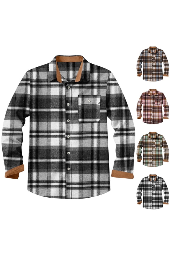 HomeDM Mens Plaid Shirts Long Sleeve Button Down Work Jacket Shirts with Pocket, Black