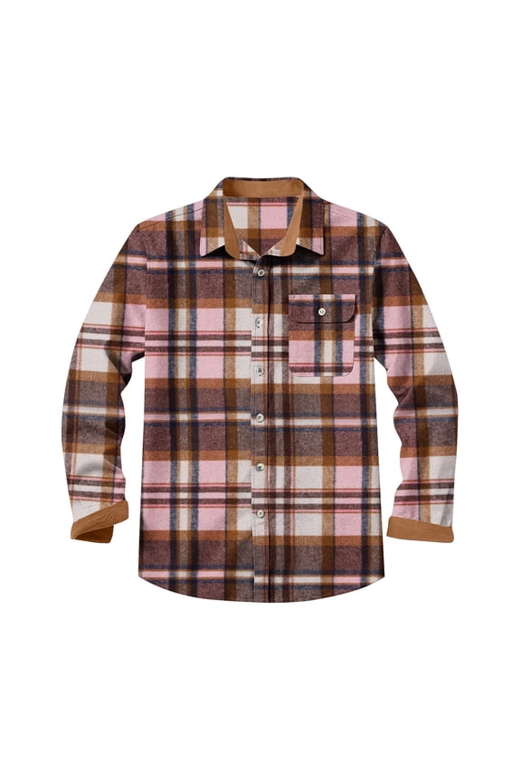 HomeDM Mens Plaid Shirts Long Sleeve Button Down Work Jacket Shirts with Pocket, Brown