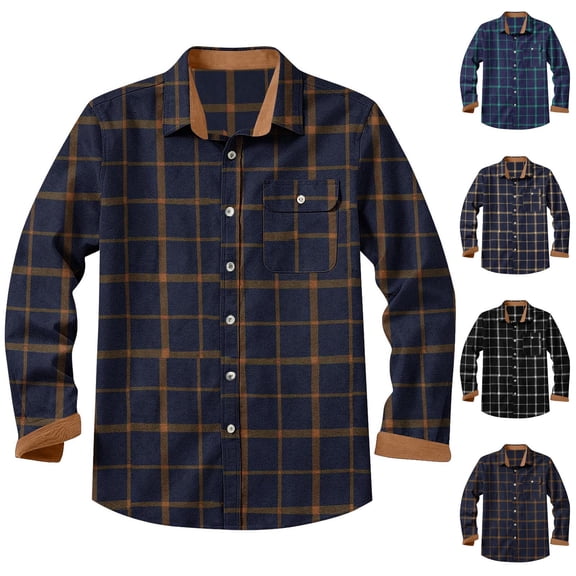 HomeDM Mens Plaid Shirts Long Sleeve Button Down Work Jacket Shirts with Pocket, Orange
