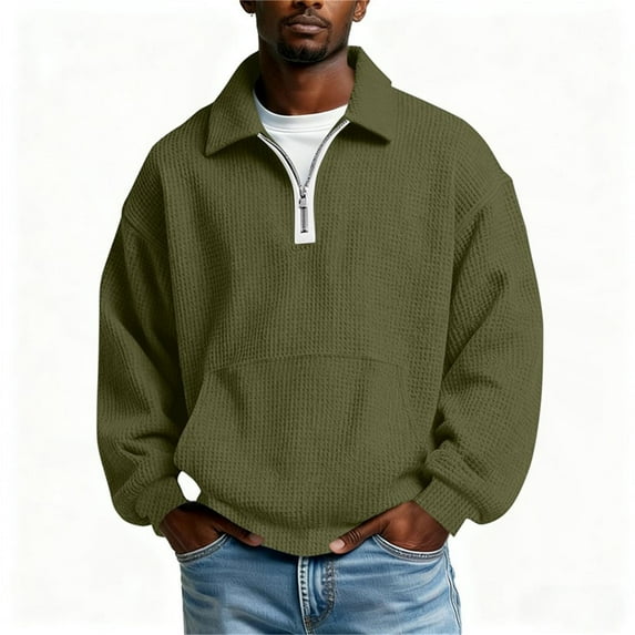 HomeDM Mens Quarter Zip Pullover Tops, Long Sleeve Waffle Texture Solid Color Sweatshirts, Army Green