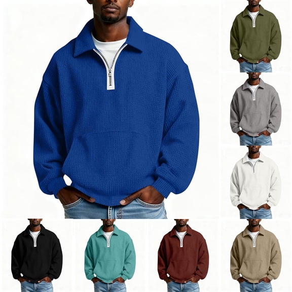 HomeDM Mens Quarter Zip Pullover Tops, Long Sleeve Waffle Texture Solid Color Sweatshirts, Blue