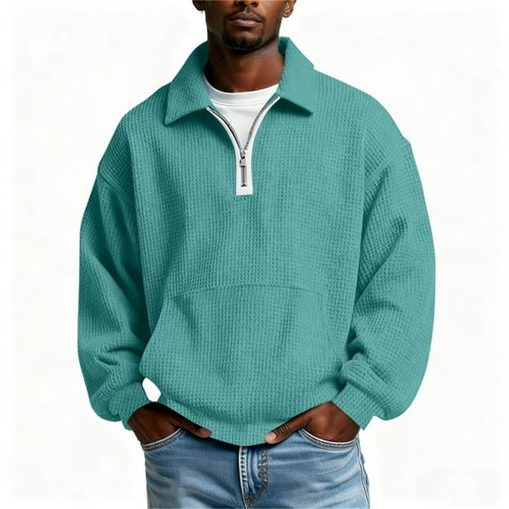HomeDM Mens Quarter Zip Pullover Tops, Long Sleeve Waffle Texture Solid Color Sweatshirts, Light Blue