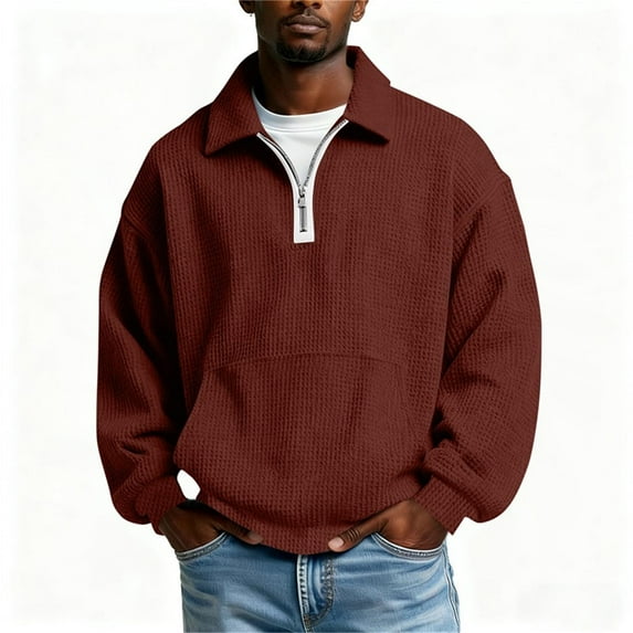 HomeDM Mens Quarter Zip Pullover Tops, Long Sleeve Waffle Texture Solid Color Sweatshirts, Wine