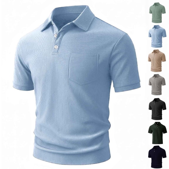 HomeDM Mens Short Sleeve Golf T-Shirts Casual Collared V Neck Button Solid Color Pullover Tops with Pocket, Light Blue, Size M