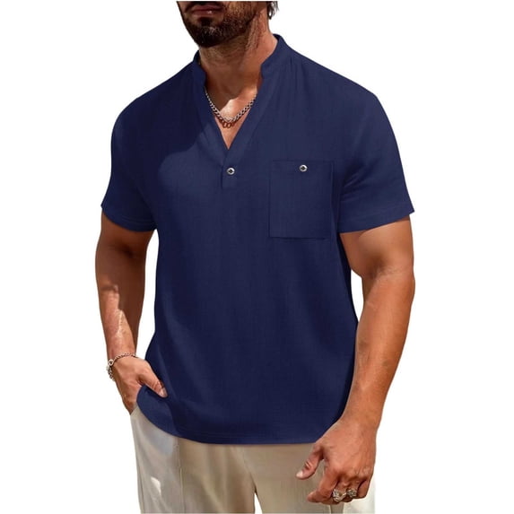 HomeDM Mens Short Sleeve Henley T-Shirts Button V Neck Casual Summer Work Athletic Shirts, Navy, Size M