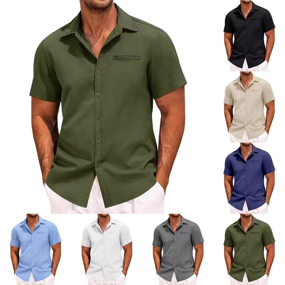HomeDM Mens Short Sleeve Shirts Casual Button Down Solid Color Dress Collared Shirt with Pocket, Army Green, Size L