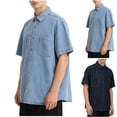thumbnail image 1 of HomeDM Mens Short Sleeve Shirts Summer Button Down Collared Denim Tops with Pockets, Light Blue, Size L, 1 of 9