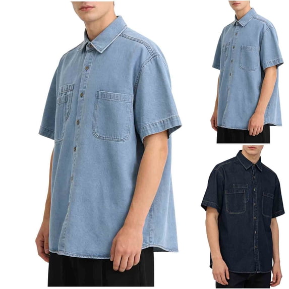 HomeDM Mens Short Sleeve Shirts Summer Button Down Collared Denim Tops with Pockets, Light Blue, Size L