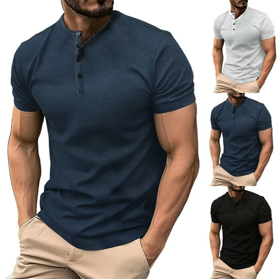 HomeDM Mens Summer Henley Shirts, Lightweight Workout Muscle Gym T-Shirt Athletic Button Short Sleeve Solid Color Basic Tees, Navy