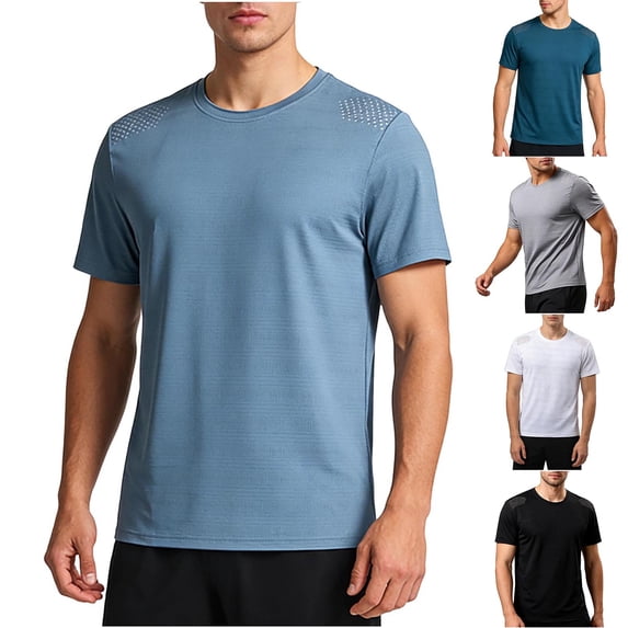 HomeDM Mens Workout Shirts, Quick Dry Short Sleeve Athletic Solid Color Tops Crew Neck Moisture Wicking T Shirt for Running Gym, Light Blue