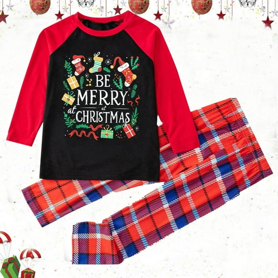 HomeDM Pajamas for Family Matching Family Pajamas Sets Christmas PJ's Letter Print Top and Plaid Bottom Sleepwear Jammies(Kids Size 2-3 Years)