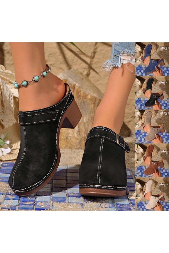 Platform Chunky Clogs for Women Low Block Heels Closed Toe Slip-on Sandals Summer Vacation Slide Mules, Black Size 7