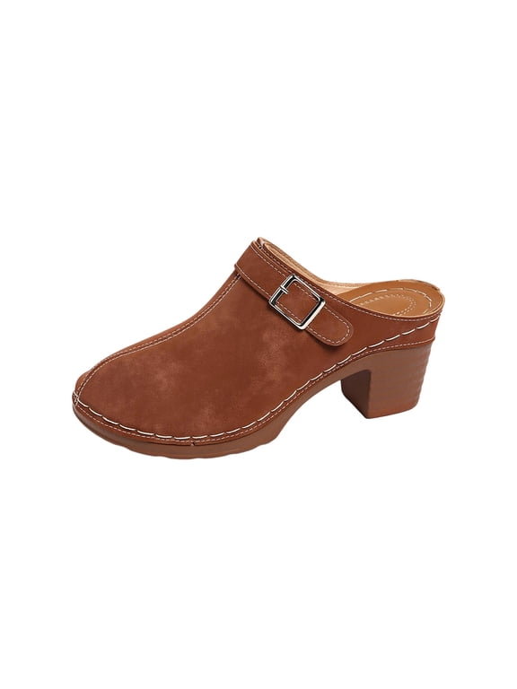 Platform Chunky Clogs for Women Low Block Heels Closed Toe Slip-on Sandals Summer Vacation Slide Mules, Brown Size 5.5