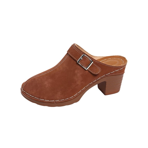 HomeDM Platform Chunky Clogs for Women Low Block Heels Closed Toe Slip-on Sandals Summer Vacation Slide Mules, Brown Size 9