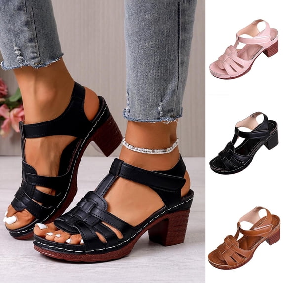 HomeDM Platform Chunky Heels Sandals for Women Open Toe Ankle Strap Block Heeled Sandals Summer Dress Shoes, Black Size 5.5