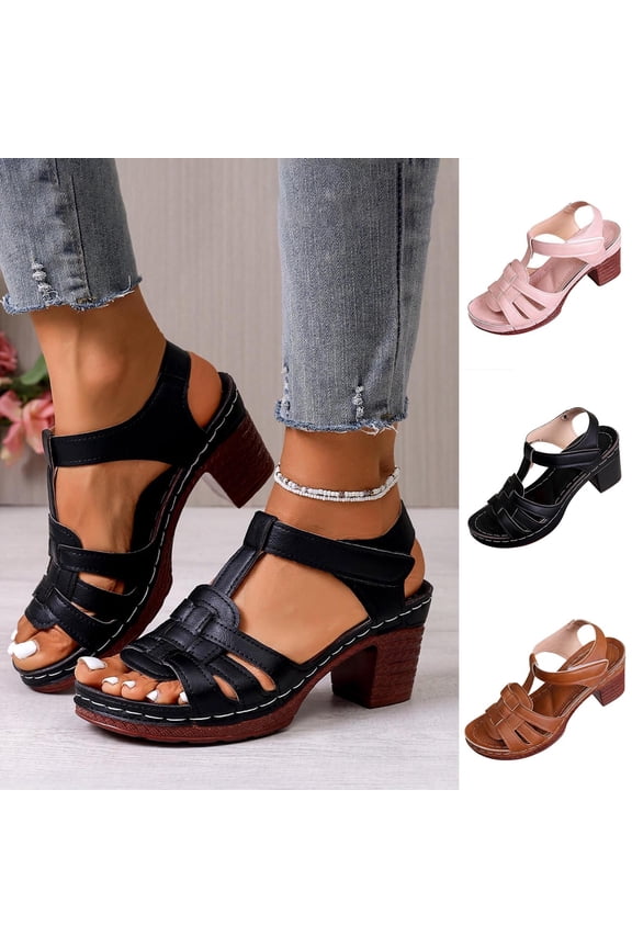 Platform Chunky Heels Sandals for Women Open Toe Ankle Strap Block Heeled Sandals Summer Dress Shoes, Black Size 5.5