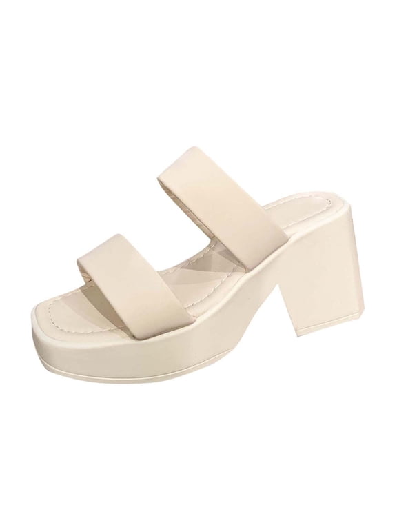 Platform Chunky Heels Sandals for Women Slip On Square Open Toe Two Strap Mules Block Heel Sandals, Beige Size 8