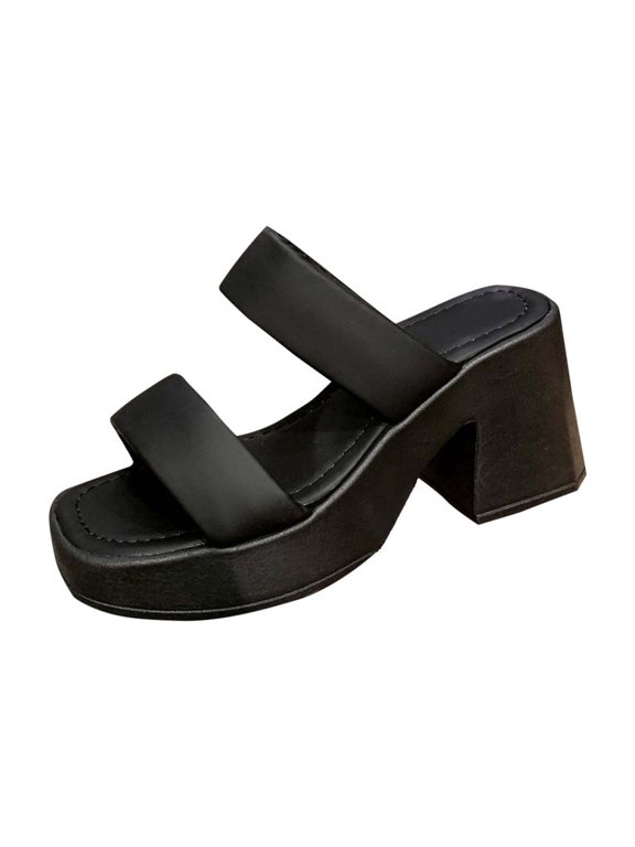 Platform Chunky Heels Sandals for Women Slip On Square Open Toe Two Strap Mules Block Heel Sandals, Black Size 6.5
