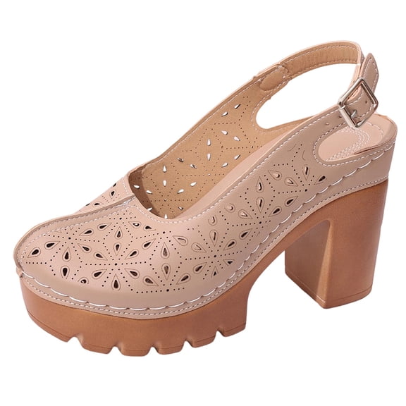 HomeDM Platform Chunky Heels for Women Closed Toe Ankle Strap Summer Sandals Party Wedding Dress Pumps Shoes, Khaki Size 9.5