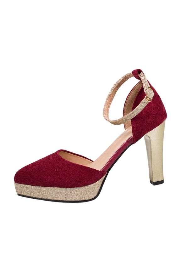 Platform Closed Toe Heels for Women Pointy Toe Buckle Ankle Strap Dress Wedding Pumps Shoes, Wine Size 5.5