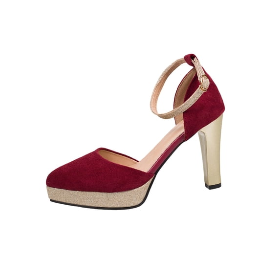 HomeDM Platform Closed Toe Heels for Women Pointy Toe Buckle Ankle Strap Dress Wedding Pumps Shoes, Wine Size 6