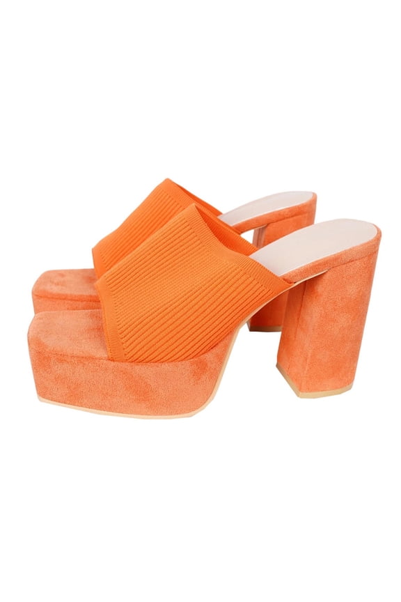 Platform Heels Sandals for Women Square Open Toe Chunky Block Heel Slip-On Slides Dress Shoes, Orange Size 6