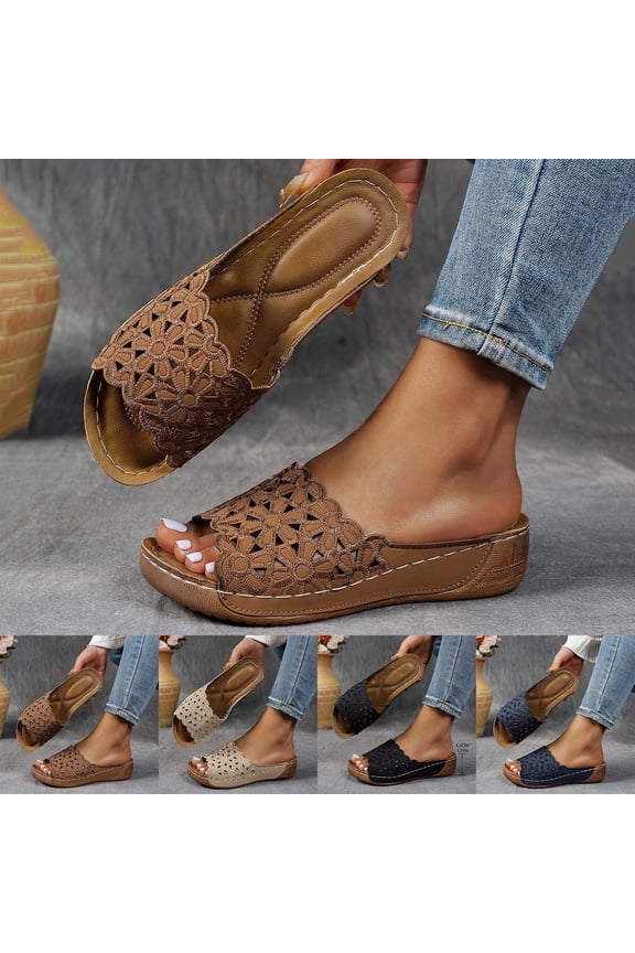 Platform Sandals for Women, Summer Low Wedge Slides Comfortable Open Toe Slip On Casual Beach Sandals, Brown Size 9