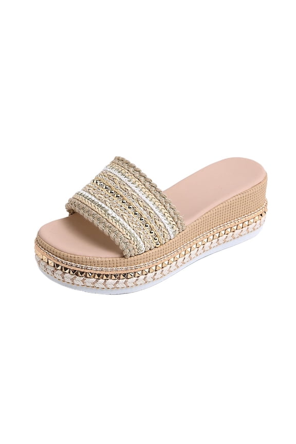 Platform Wedge Sandals for Women Espadrilles Open Toe Slip-On Slides Beach Summer Sandals Comfort Wedges Mules, Beige Size 6